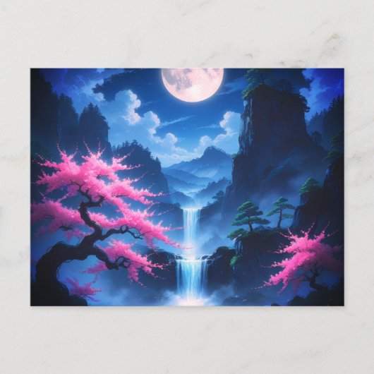 Sakora tree -Moonlit Waterfall with Cherry-nature Briefkaart (Voorkant)