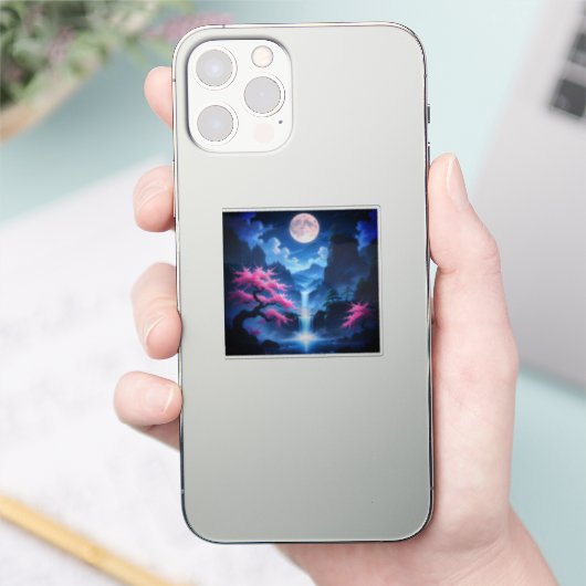 Sakora tree -Moonlit Waterfall with Cherry-nature Sticker (Telefoon)