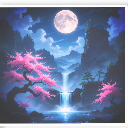 Sakora tree -Moonlit Waterfall with Cherry-nature Sticker (Voorkant)