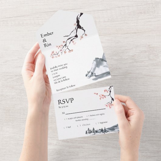 Sakura Berg | Casual RSVP All In One Uitnodiging (Afscheurbaar)