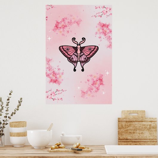 Sakura Bliss, Roze Moth, Sakura achtergrond Poster (Keuken)