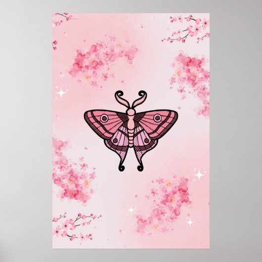 Sakura Bliss, Roze Moth, Sakura achtergrond Poster (Voorkant)