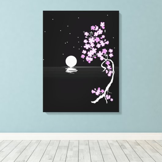 Sakura Bloeit onder een Volle Maan Canvas Afdruk (Insitu (Houten vloer))