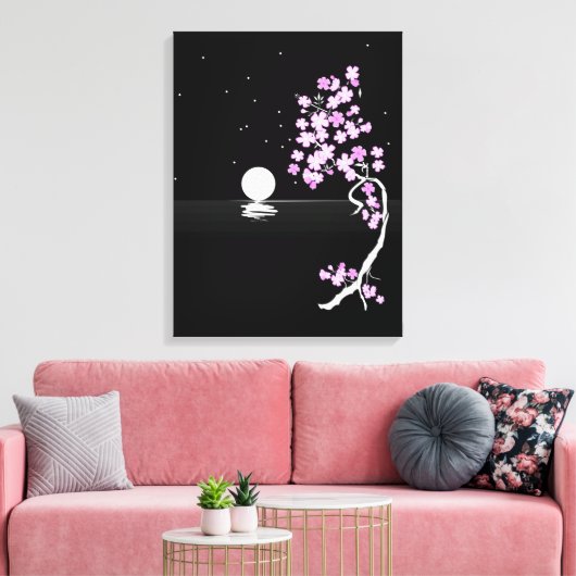 Sakura Bloeit onder een Volle Maan Canvas Afdruk (Insitu (Woonkamer))