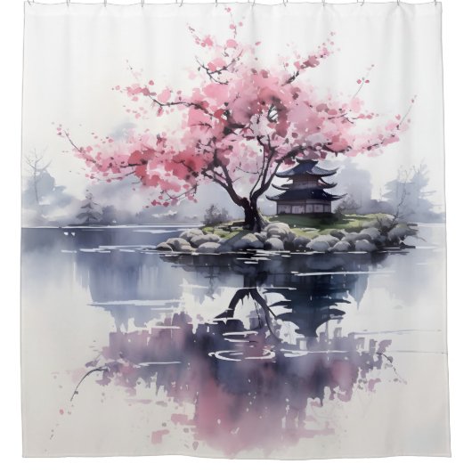 Sakura Blooming over het meer Douchegordijn (Voorkant)