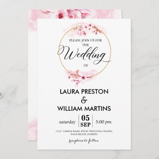 Sakura Blossom Floral Wreath Wedding Invitation Kaart (Voorkant / Achterkant)