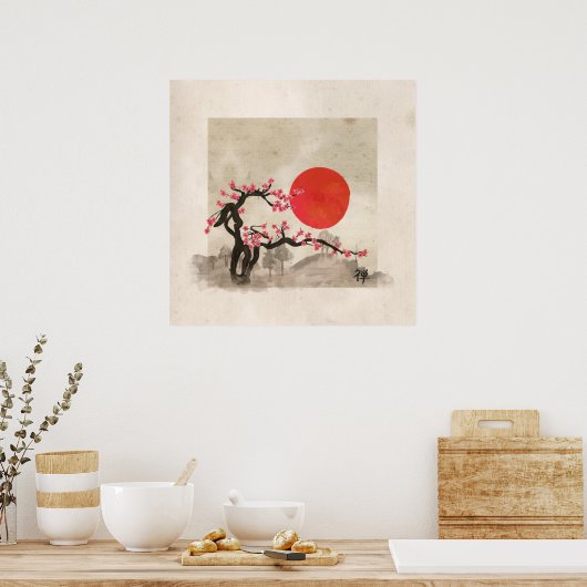 Sakura Blossom Landscape Zen hieroglyph Poster (Keuken)