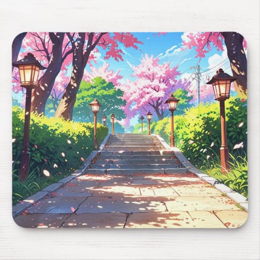 Sakura Blossom Path PastelLandscape Anime Mousepad Muismat (Voorkant)