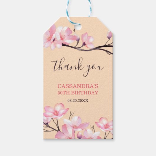 Sakura Blush Roze Kersenbloesem Peach Verjaardag Cadeaulabel (Voorkant)