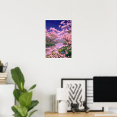 Sakura Bomen op de Serene Riverbank Poster (Thuiskantoor)
