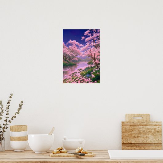 Sakura Bomen op de Serene Riverbank Poster (Keuken)