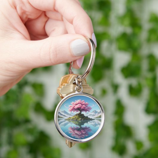 Sakura boom in te midden van een meer.bergen sleutelhanger (Hand)