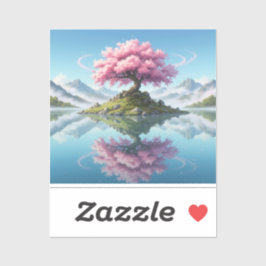 Sakura boom in te midden van een meer.bergen sticker