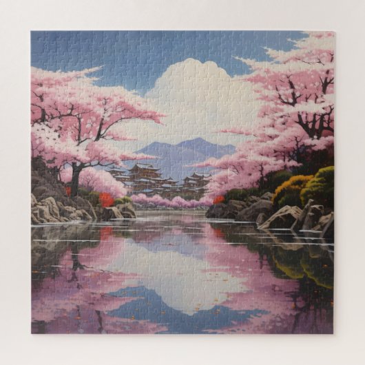 Sakura boven rivieroevers legpuzzel (Verticaal)
