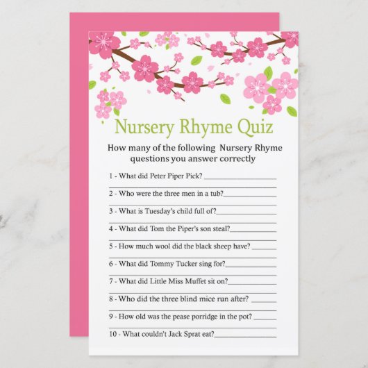 Sakura branch Nursery Rhyme Quiz baby shower game (Voorkant / Achterkant)