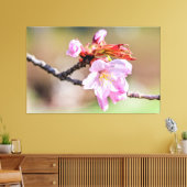 Sakura Buds en een bloem, groen, beige achtergrond Canvas Afdruk (Insitu (Woonkamer))