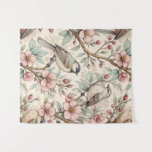  Sakura Cherry Blossom & Bird Aesthetic 2 Wandkleed (Voorkant (horizontaal))