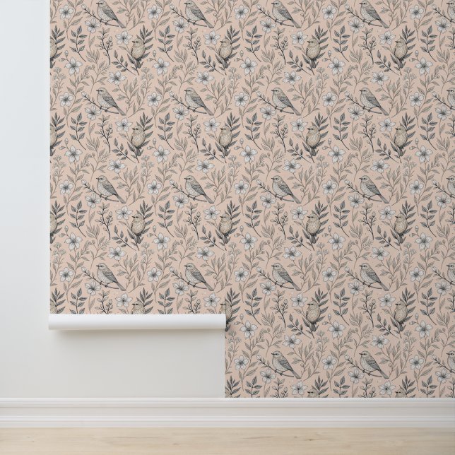  Sakura Cherry Blossom & Bird Aesthetic 3 Behang (Applicatie)