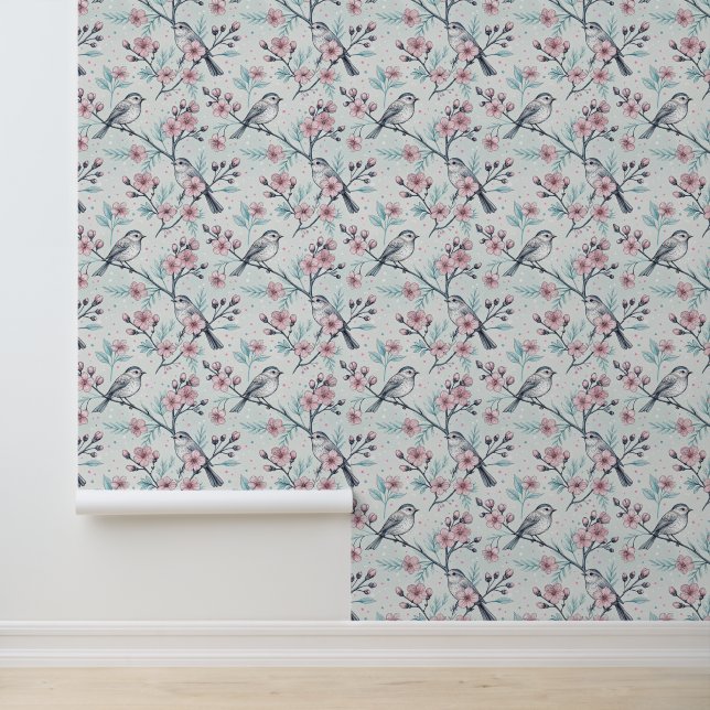  Sakura Cherry Blossom & Bird Aesthetic 4 Behang (Applicatie)