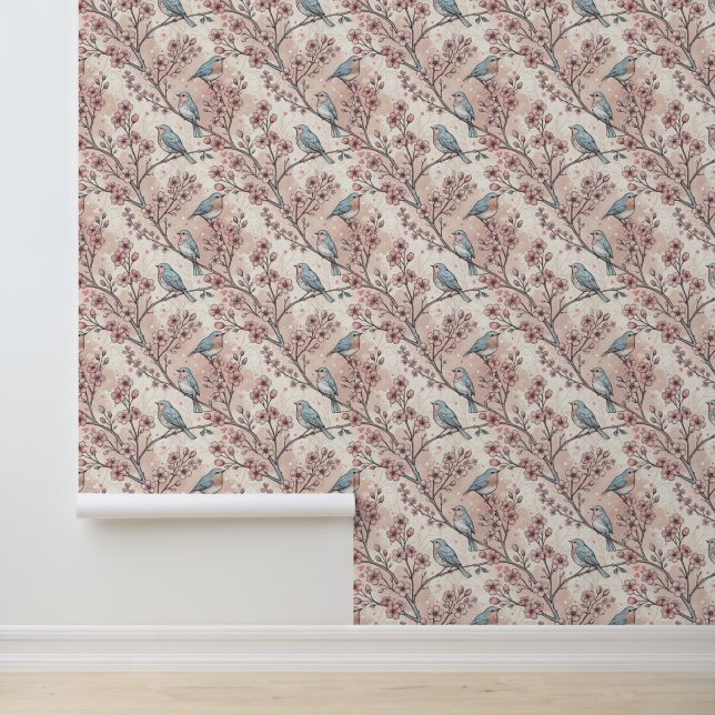  Sakura Cherry Blossom & Bird Aesthetic 5 Behang (Applicatie)