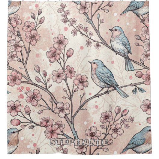  Sakura Cherry Blossom & Bird Aesthetic 5 Douchegordijn (Voorkant)
