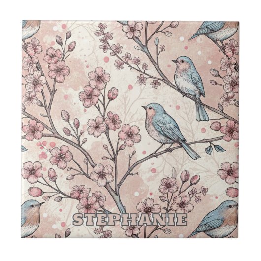 Sakura Cherry Blossom & Bird Aesthetic 5 Tegeltje (Voorkant)