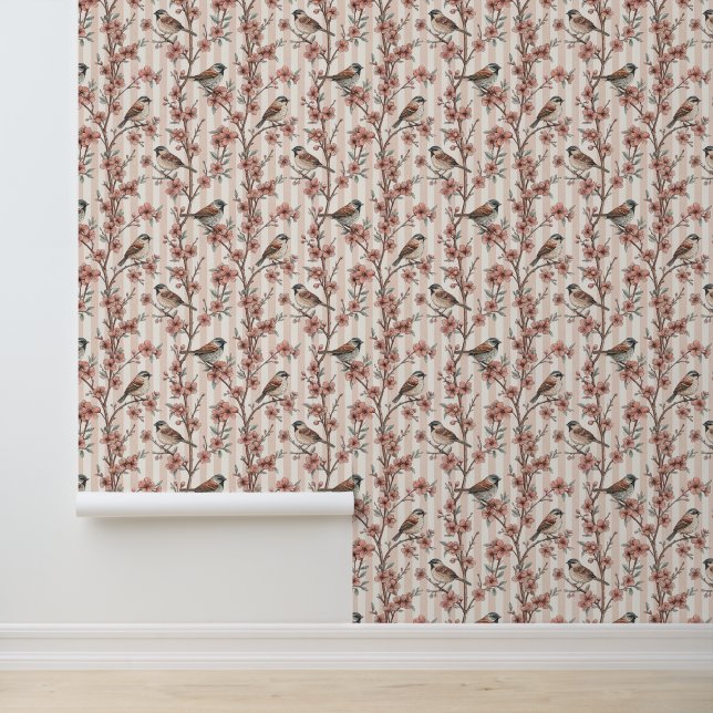  Sakura Cherry Blossom & Bird Aesthetic 6 Behang (Applicatie)