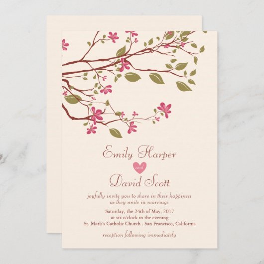 Sakura/Cherry Blossom Branch Huwelijksuitnodiging Kaart (Voorkant / Achterkant)