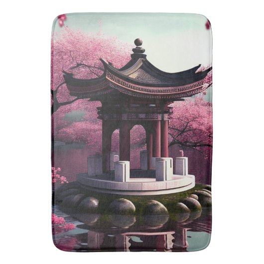 Sakura Cherry Blossom Garden Shrine Pond Japans Badmat (Voorkant Verticaal)