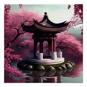 Sakura Cherry Blossom Garden Shrine Pond Japans Perfect Poster