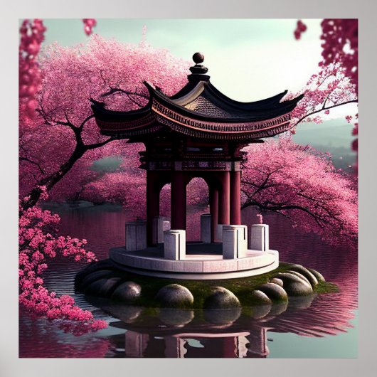 Sakura Cherry Blossom Garden Shrine Pond Japans Poster (Voorkant)