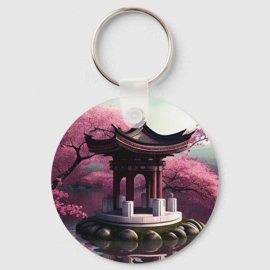 Sakura Cherry Blossom Garden Shrine Pond Japans Sleutelhanger (Voorkant)