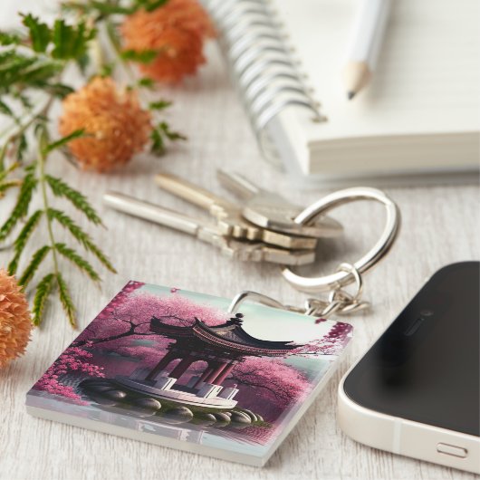 Sakura Cherry Blossom Garden Shrine Pond Japans Sleutelhanger (Voorkant Rechts)