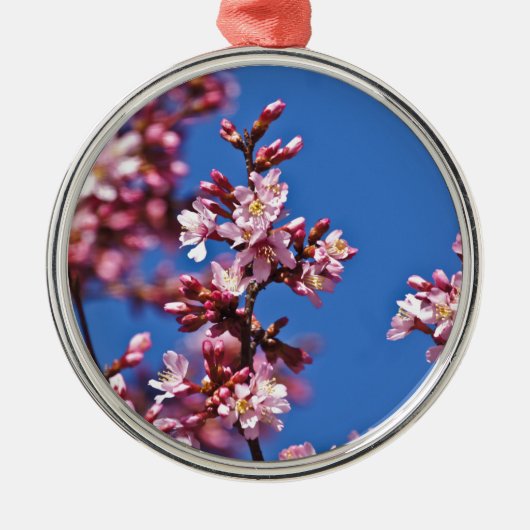 Sakura Cherry Blossom met Blue Metalen Ornament (Voorkant)