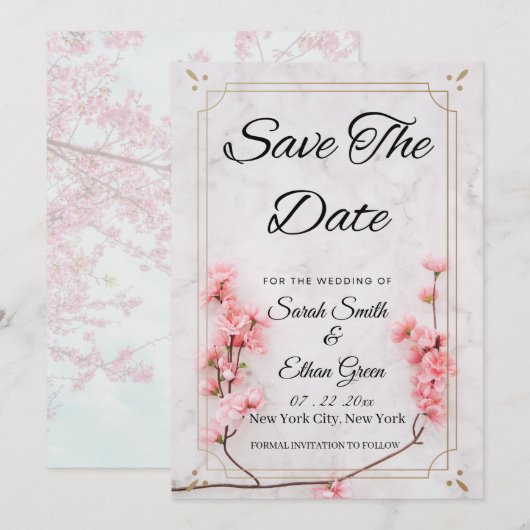 Sakura Cherry Blossom Pink Flor Save The Date Kaar (Voorkant / Achterkant)