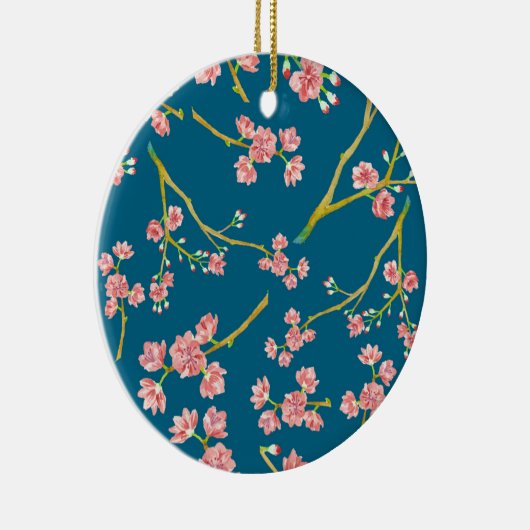 Sakura Cherry Blossom Print op Blue Keramisch Ornament (Rechts)
