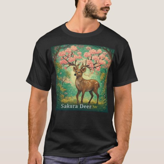 Sakura Deer – Magische Natuur Kunst T-shirt (Voorkant)