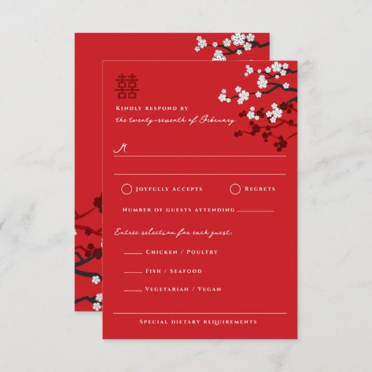 Sakura Dubbel Geluk Chinees Bruiloft RSVP Kaart (Voorkant / Achterkant)