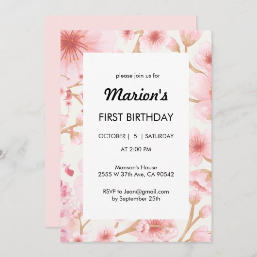 Sakura eerste verjaardag uitnodiging (Voorkant / Achterkant)