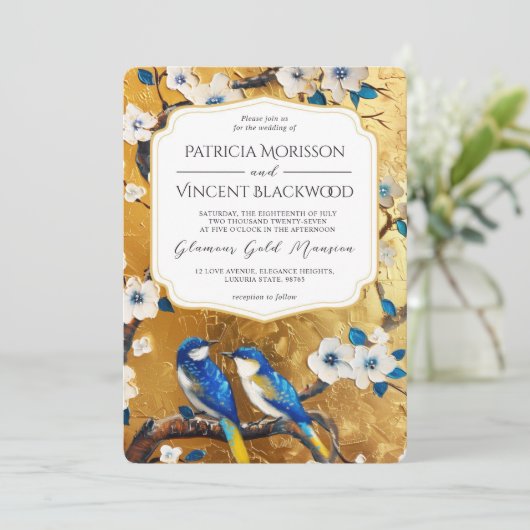 Sakura en Blauwe Tortelduifjes op GOUDEN Bruiloft Kaart (Staand voorkant)