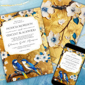 Sakura en Blauwe Tortelduifjes op GOUDEN Bruiloft Kaart