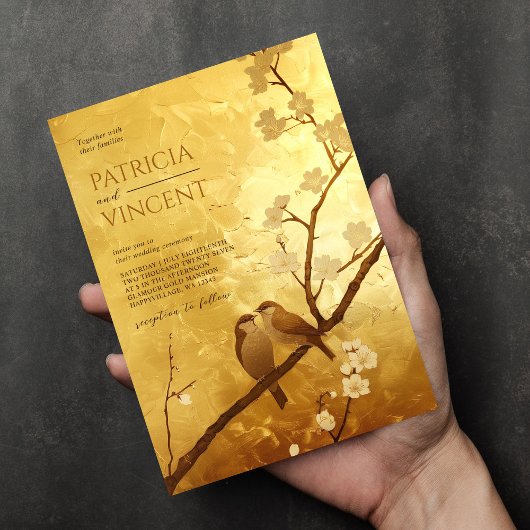 Sakura en Tortelduifjes op GOUDEN Bruiloft Kaart