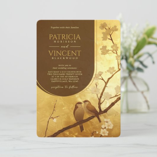 Sakura en Tortelduifjes op GOUDEN Bruiloft Kaart (Staand voorkant)