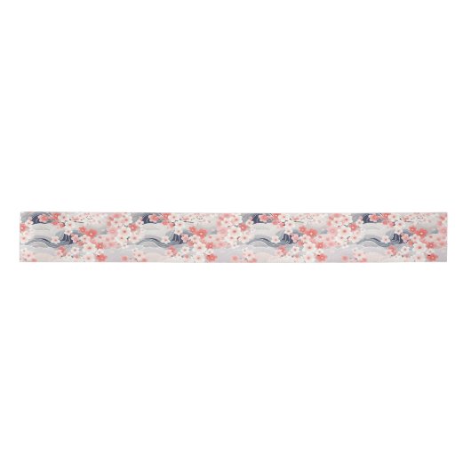 Sakura Floral Navy Waves Satijnen Lint (Voorkant)