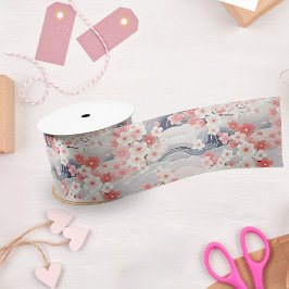 Sakura Floral Navy Waves Satijnen Lint