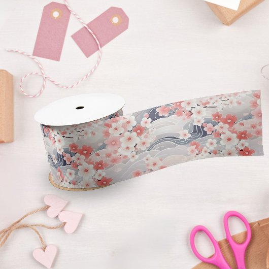 Sakura Floral Navy Waves Satijnen Lint