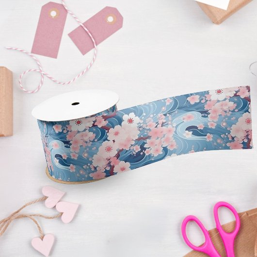 Sakura Floral Navy Waves Satijnen Lint