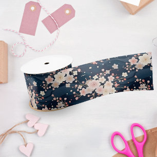 Sakura Floral Navy Waves Satijnen Lint