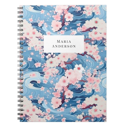 Sakura Floral Wavy Lines Monogram Notitieboek (Voorkant)