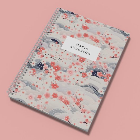 Sakura Floral Wavy Lines Monogram Notitieboek